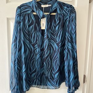 $345 Ramy Brook 100% Silk Navy & White Zebra Long Sleeve Top